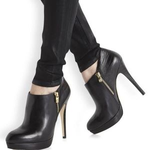 MICHAEL Michael Kors Black Leather Zip Platform Ankle Booties with Gold Hardware